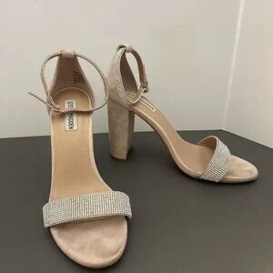 Kalina Beige/Tan SuedeSilver Rhinestone Chunky Heel Sandals‎ 10